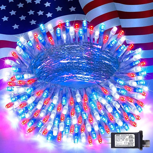 JMEXSUSS 4th of July Decorations Red White and Blue Lights, 33ft 100 LED String Light Indoor Plug-in, 8 Modes Patriotic 4th of July Lights for Indoor Outdoor Independence Day American Flag Holiday-VerdiqueGarden