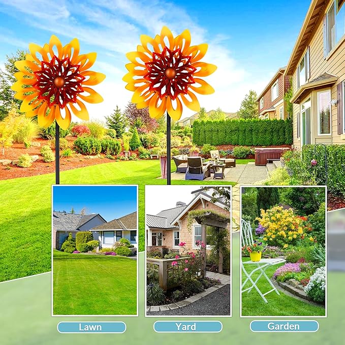 Sunflower Wind Spinners, 360 Degrees Swivel Metal Wind Sculptures, 62" Garden Pinwheels for Yard Lawn Patio Decor-VerdiqueGarden