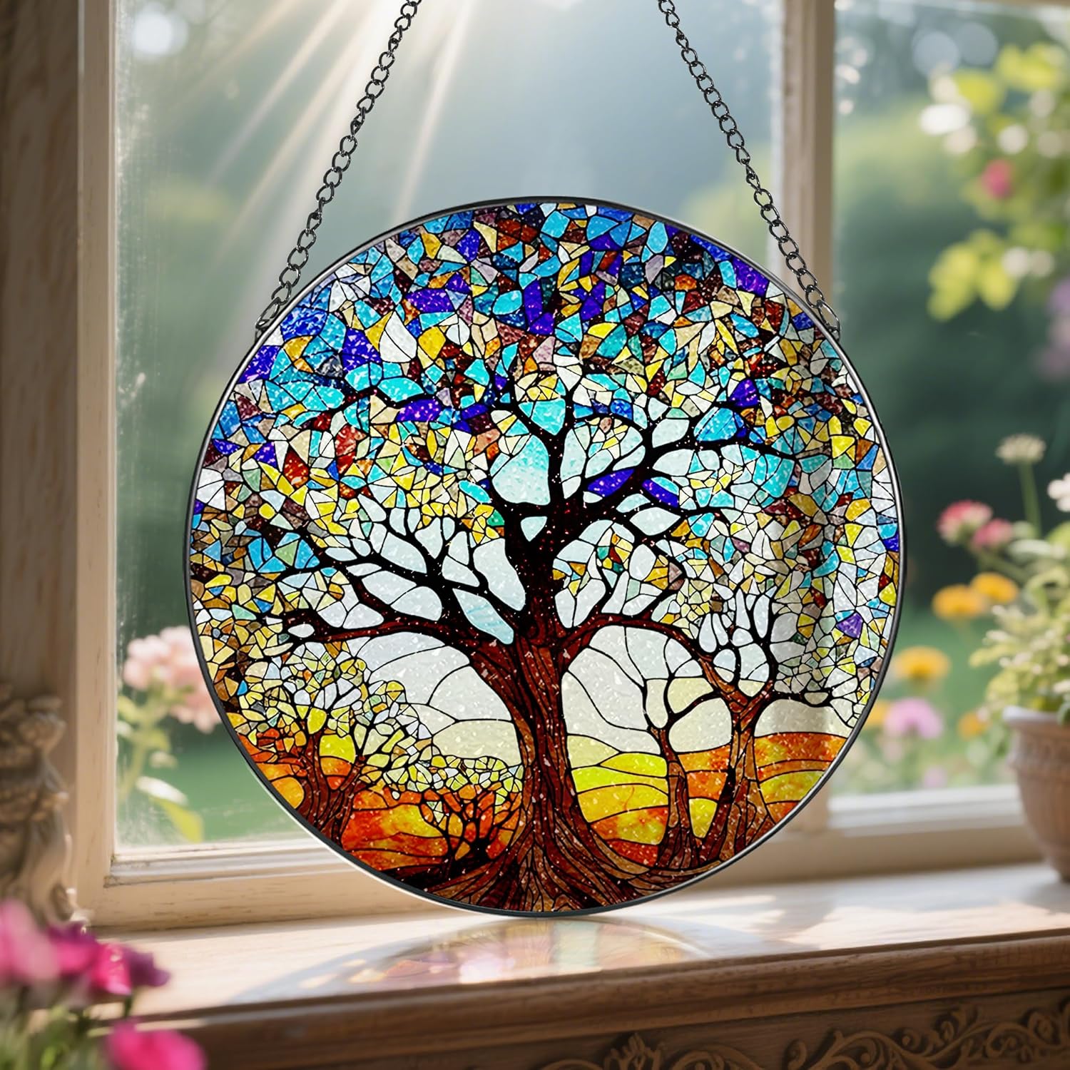 Stained Glass Window Hanging, LAOWEIKI 8'' Tree of Life Suncatcher, Stained Glass Ornament, Suncatchers for Windows Hanging, Window Decor, Outdoor or Indoor, Gifts for Women, Lovers, Couple, Friends-VerdiqueGarden