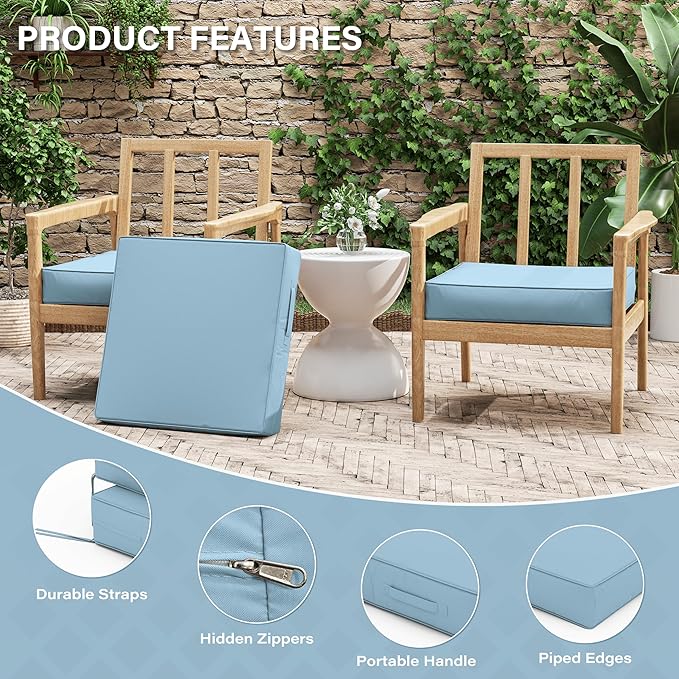 Patio Chair Cushions 22 X 22 X 4 Inch Waterproof Outdoor Seat Cushions for Patio Furniture, Outdoor Sofa Couch Pads with Ties & Handle, Set of 2, Light Blue-VerdiqueGarden