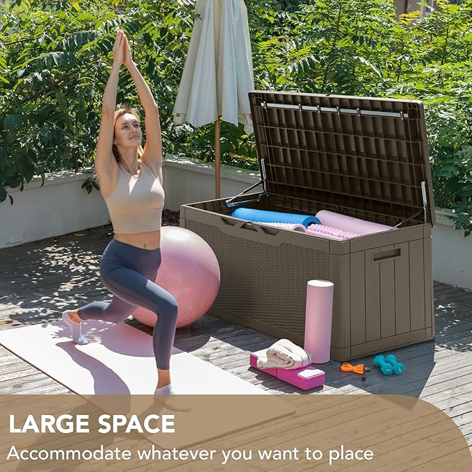 Devoko 100 Gallon Deck Box, Waterproof Resin Outdoor Storage Box with Cushion for Outside, Large Outdoor Storage Bench Cabinet Lockable for Patio Furniture and Garden Tools (Brown)-VerdiqueGarden