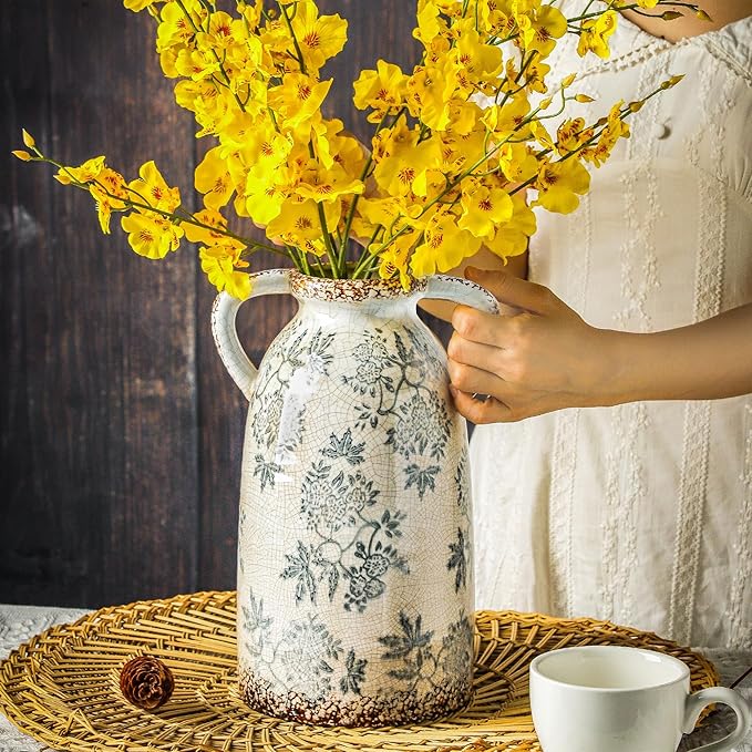 Enra Tall Vintage Blue and White Ceramic Vase with Handle, 11.2 Inch Chinoiserie Decorative Floral Vase, Large Rustic Ceramic Vase for Living Room, Office, Bookshelf, Home Decor-VerdiqueGarden