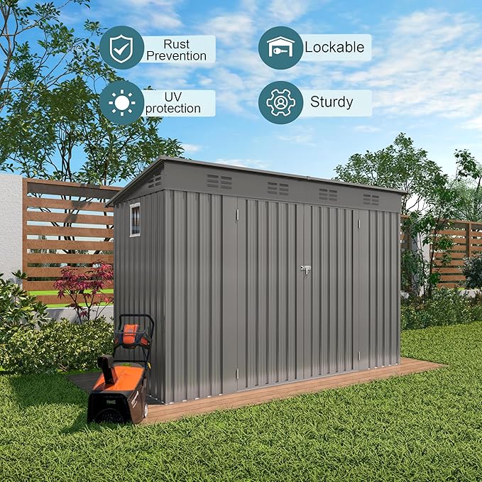 4 * 9.2 * 6 FT Outdoor Storage Shed, Galvanized Steel Garden Shed with Lockable Door & Window, Waterproof Metal Tool Storage for Garden, Backyard, Patio, Lawn(Gray)-VerdiqueGarden