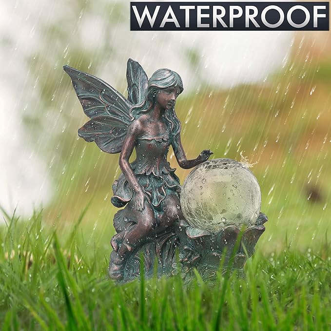 TERESA'S COLLECTIONS Fairy Garden Statues with Solar Outdoor Light for Outdoor Decor, Fairy Valentines Decorations Garden Decor Resin Sculptures with Crackle Glass Globe,Gifts for Mom Yard Decor,11.8"-VerdiqueGarden