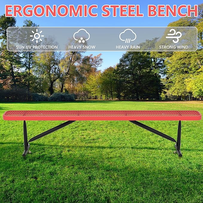 48" L Outdoor Steel Flat Bench, Heavy Duty Metal Park Bench for Outside, Expanded Metal, Commercial Benches Mesh Bench for Shopping Mall, Store, Lawn, Park, Patio, Deck, Garden (Red, 8FT)-VerdiqueGarden