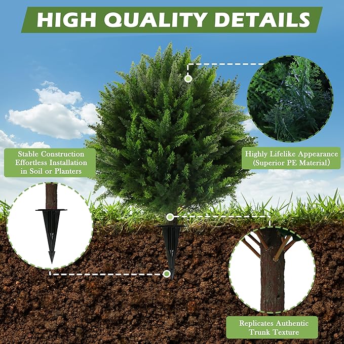 Sunnyglade Set of 2 Artificial Cedar Topiary Ball Trees, Faux Cedar Shrub Bushes with Ground Spike 25.5", UV Resistant Fake Cedar Plants for Indoor, Garden, Yard, Porch, Patio Decor (Green)-VerdiqueGarden