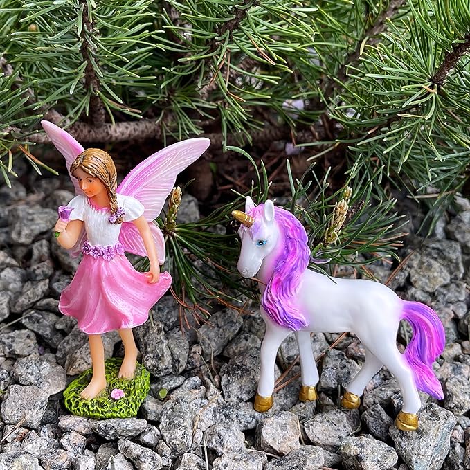 Mood Lab Fairy Garden - Fairy with Unicorn Set of 2 pcs - Miniature Figurines Statue Kit - Outdoor or House Decor-VerdiqueGarden