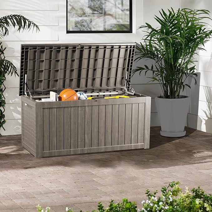 270 Gallon Heavy Duty Outdoor Storage Box - Extra Large Package Protection for Outside Deliveries, Patio Storage Bench & Resin Deck Chest with Lock, UV-Resistant, Slate Grey-VerdiqueGarden