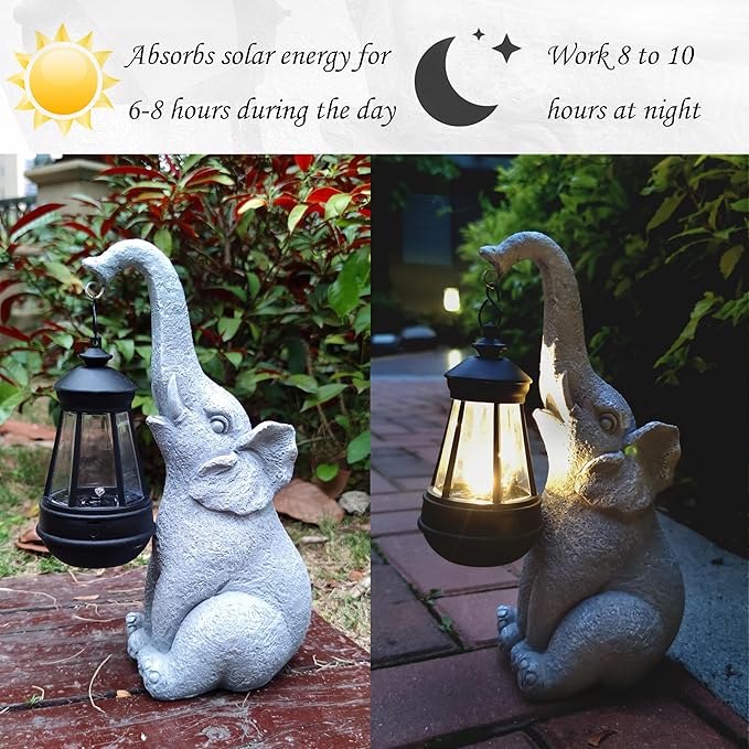 Elephant Solar Garden Statues,Resin Elephant Figurine Decorations with Solar Lights Lantern, Outdoor Elephant Decor Art for Lawn,Yard, Unique Housewarming Gift for Garden Home, VY-0617-VerdiqueGarden