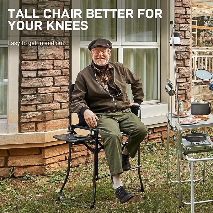 EVER ADVANCED 2 Piece Portable 30.7" Seat Height Tall Folding Camping Chair Directors Chair High with Side Table for Makeup Artist, Sports Event, Craft Show, Supports 350LBS Black Grey-VerdiqueGarden