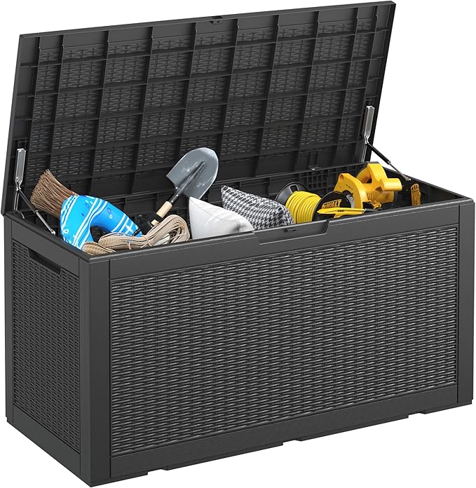 KAMABOKO 101 Gallon Waterproof Large Resin Deck Box, Lockable Large Outdoor Storage Boxes Indoor Outdoor Storage Container for Patio Cushions, Gardening Tools, Pool Supplies, Black-VerdiqueGarden