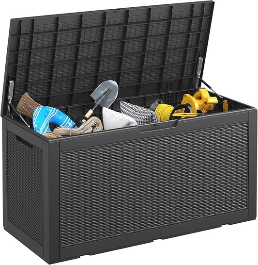 KAMABOKO 101 Gallon Waterproof Large Resin Deck Box, Lockable Large Outdoor Storage Boxes Indoor Outdoor Storage Container for Patio Cushions, Gardening Tools, Pool Supplies, Black-VerdiqueGarden