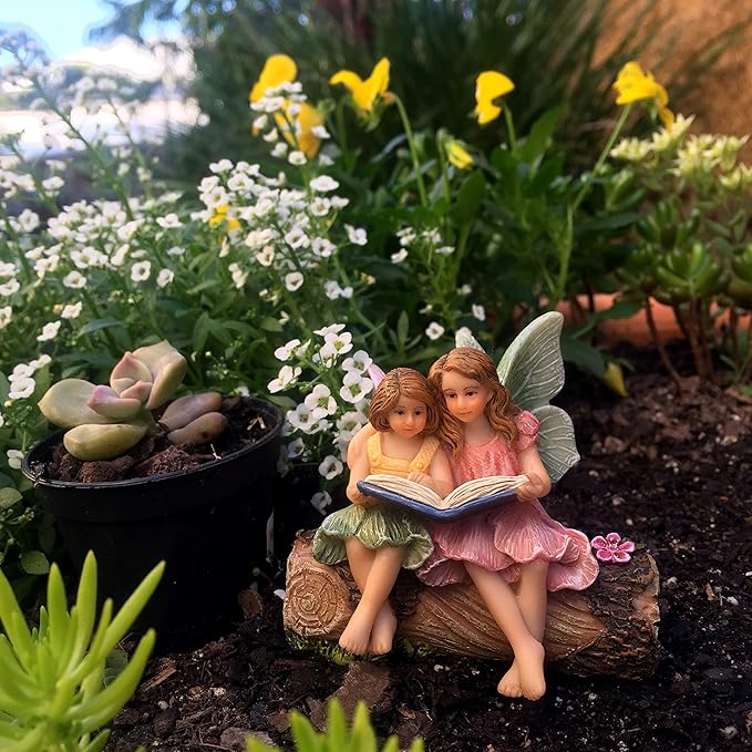 Fairies for Fairy Garden, Fairy Garden Accessories for a Garden - Garden Fairies for a Miniature Fairy Garden - Cute Fairy Garden Fairies, Sitting Sister Fairies-VerdiqueGarden