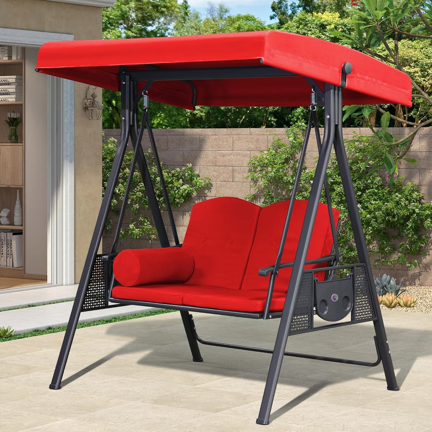 PURPLE LEAF Outdoor Patio Porch Swing with Stand, 2-seat Swing Chair with Adjustable Tilt Canopy All-Weather Steel Frame for Backyard Front Porch Lawn, Cushions and Pillow Included, Terra-VerdiqueGarden