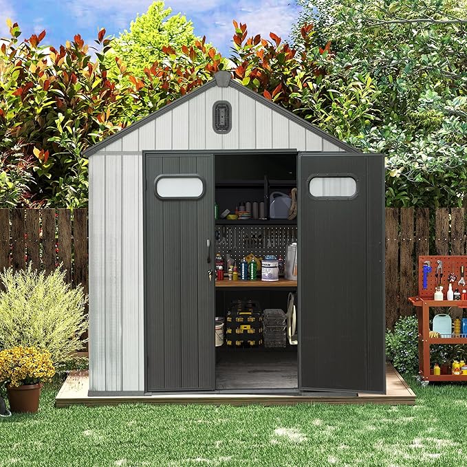Domi 6x6 FT Outdoor Resin Storage Shed, All-Weather Double-Wall Storage Building for Backyard, Garden, Lawn Tools, Mower, Bike & Pool Equipment, Lockable Doors, Ventilated Roof, Grey-VerdiqueGarden