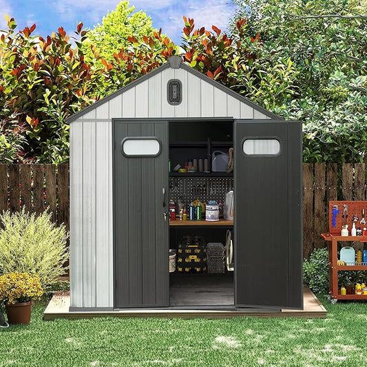 Domi 6x6 FT Outdoor Resin Storage Shed, All-Weather Double-Wall Storage Building for Backyard, Garden, Lawn Tools, Mower, Bike & Pool Equipment, Lockable Doors, Ventilated Roof, Grey-VerdiqueGarden