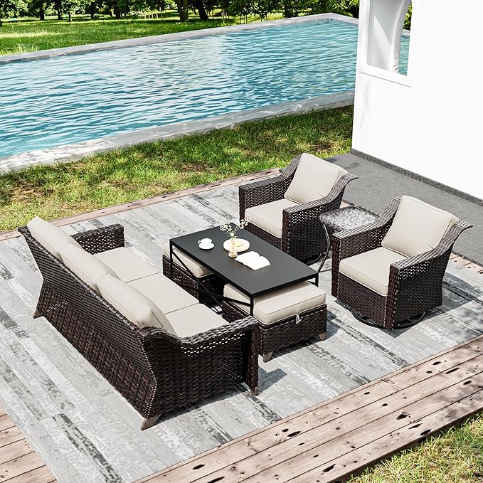 Joyside Wicker Patio Furniture Sets, 7 Pieces Upgraded Large Size Outdoor Furniture with Swivel Rocking Patio Chairs, 3-Seat Sofa, Outdoor Ottoman and Coffee Table, Thick Cushions, Wide Armrest-VerdiqueGarden