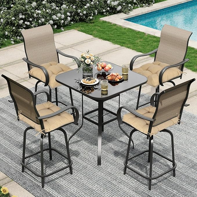 Aoodor 19" x 19" x 5" Tufted Outdoor Chair Cushions, Water Resistant & Fade Resistant Polyester Dining Chair Pads with 2 Straps for Patio Furniture, Set of 4-VerdiqueGarden