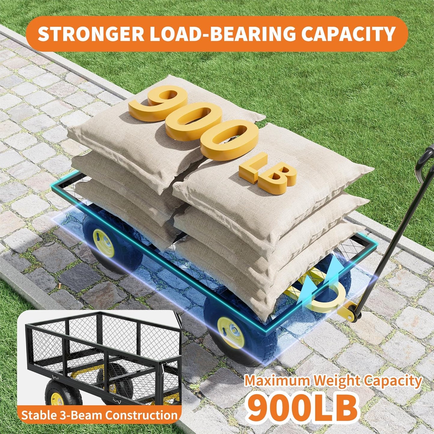 900 Lbs Garden Wagon, 2-in-1 Heavy-Duty Steel Garden Cart, with 10 Inch All-Terrain Tires and Removable Mesh Side Panels, 180° Rotating Handle, Metal Multi-Function Carts, Outdoor Gardens Wagon Cart-VerdiqueGarden