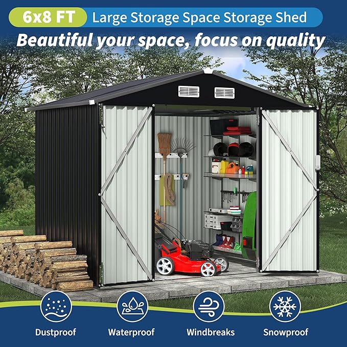 6x8 FT Metal Storage Sheds Outdoor, Metal Yard Sheds MetalGarden Shed Kit, MetalTool Shed with Lockable Door, Utility Buildings with Air Vent for Backyard Garden Patio Lawn-VerdiqueGarden