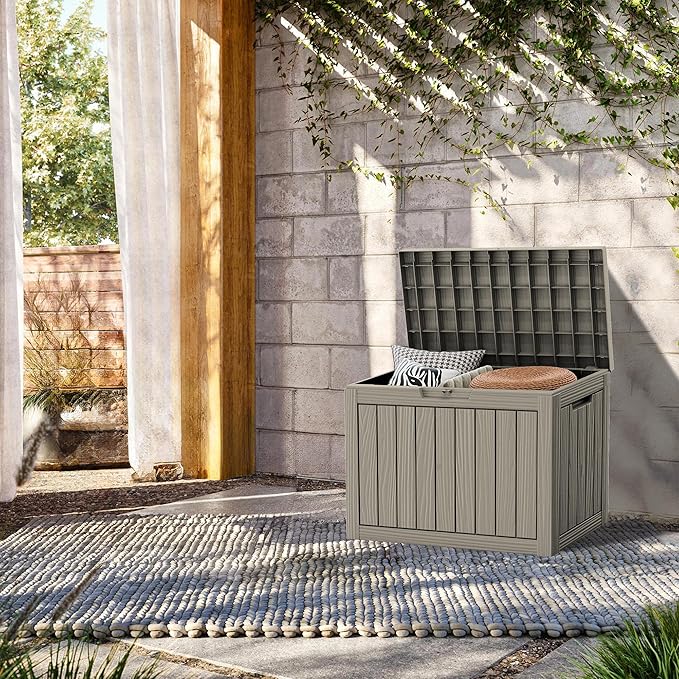 45 Gallon Lockable Resin Deck Box, Waterproof & UV-Resistant Outdoor Storage Box for Outdoor Cushion Storage, Garden Tools & Pool Accessories Storage, Gray-VerdiqueGarden
