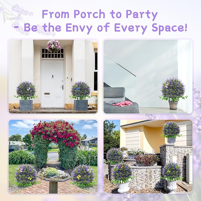 28" Artificial Boxwood Topiary Ball with Lavender, UV Resistant Topiary Tree Faux Boxwood Ball Shaped Porch Bushes with Ground Spike Artificial Bushes for Outdoors Front Door Decor Home Garden-VerdiqueGarden