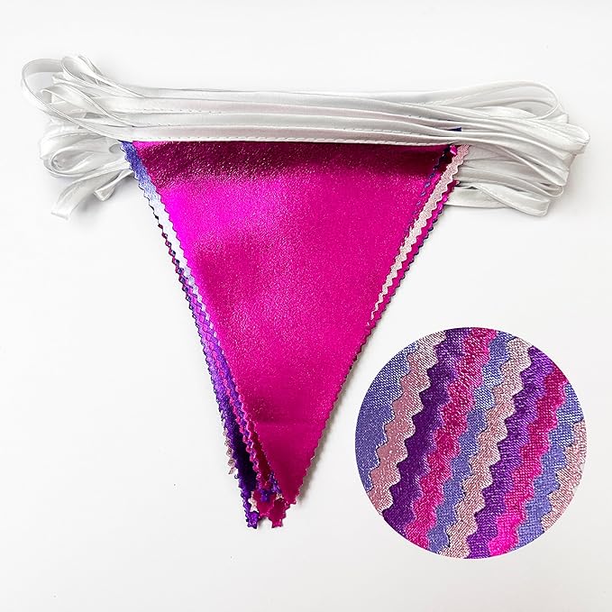 Pink and Purple Party Decorations Metallic Hot Pink Lavender Fabric Triangle Pennant Banner Flag Bunting Garland for Girls Women Birthday Wedding Baby Shower Bachelorette Engagement Party Supplies-VerdiqueGarden