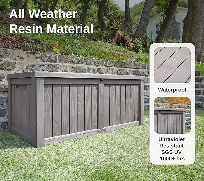 EAST OAK Outdoor Storage Box, 120 Gallon Deck Box with Stainless Steel Rods Large Resin Storage Bin for Patio Cushions, Garden Tools, Waterproof and UV Resistant, Lockable, Grey-VerdiqueGarden