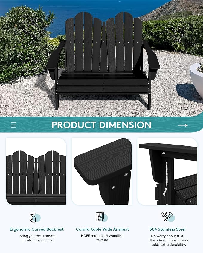 SERWALL 2 Person Adirondack Loveseat, HDPE All-Weather Folding Adirondack Bench Chair, Outdoor Adirondack Chair Set of 4, Black-VerdiqueGarden