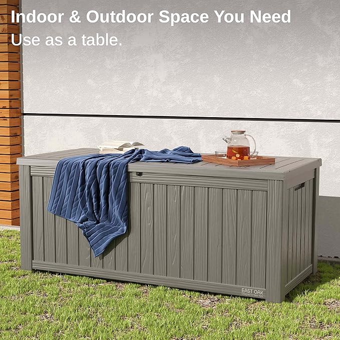 EAST OAK Outdoor Storage Box, 150 Gallon Deck Box, Large Resin Storage Bin for Patio Cushions, Gardening Tools, Lockable, Waterproof and UV Resistant, Grey-VerdiqueGarden