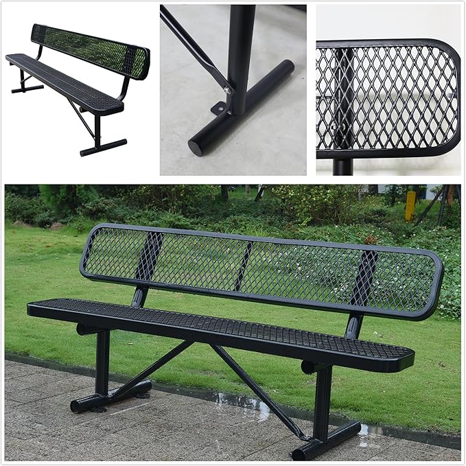 6 FT Heavy Duty Park Bench, Outdoor Metal Black Bench with Back-Commercial Steel Benches for Outside, 2-4 Person Seat-Garden Benches with Portable Frame for Outdoors-VerdiqueGarden