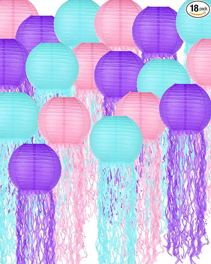 18 Pcs Jellyfish Paper Lanterns Mermaid Birthday Decorations Hanging Lantern Lamps for Ocean Theme Decor Under The Sea Party Supplies-VerdiqueGarden