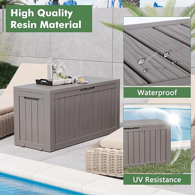 NUNU LAB 75 Gallon Outdoor Storage Box,Resin Large Sturdy Deck Box, Backyard Outside Storage Box Waterproof with Double Wall Panels,Garden Box,Package Delivery Outdoor Hose Storage Bin-VerdiqueGarden