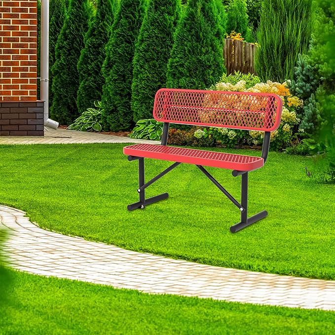 4/6/8 Feet Park Bench for Outside Heavy Duty Metal, Garden Benches Outdoor Bench with Backrest & Portable Frame, for Shopping Malls Stores Parks Patios Decks, Red-VerdiqueGarden