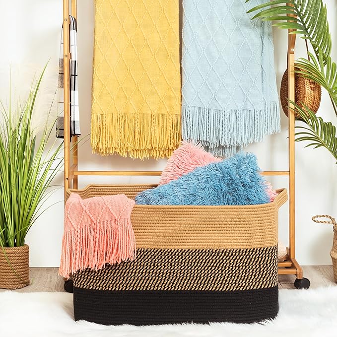MINTWOOD Design 22in Extra Large Blanket Basket Holder for Living Room, Rectangle Rope Woven Storage Bin with Handles for Laundry, Pool Towels, and Shoes, Dog Toy Box Organizer, Black Jute-VerdiqueGarden