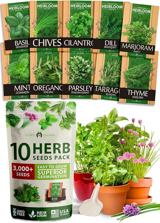 HOME GROWN 10 Herb Seeds for Planting 3,000+ Non-GMO Heirloom Seeds | Extra Large Variety Pack Herb Kit – Indoor Outdoor & Hydroponic | Culinary Seed Set | Grow Your Own Herbs | Gift for Beginners-VerdiqueGarden