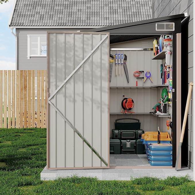 4x8 FT Metal Outdoor Lean to Storage Shed, Lean to Garden Shed Utility Tool Shed, Heavy-Duty Outdoor Metal Wall Side Storage Sheds-VerdiqueGarden