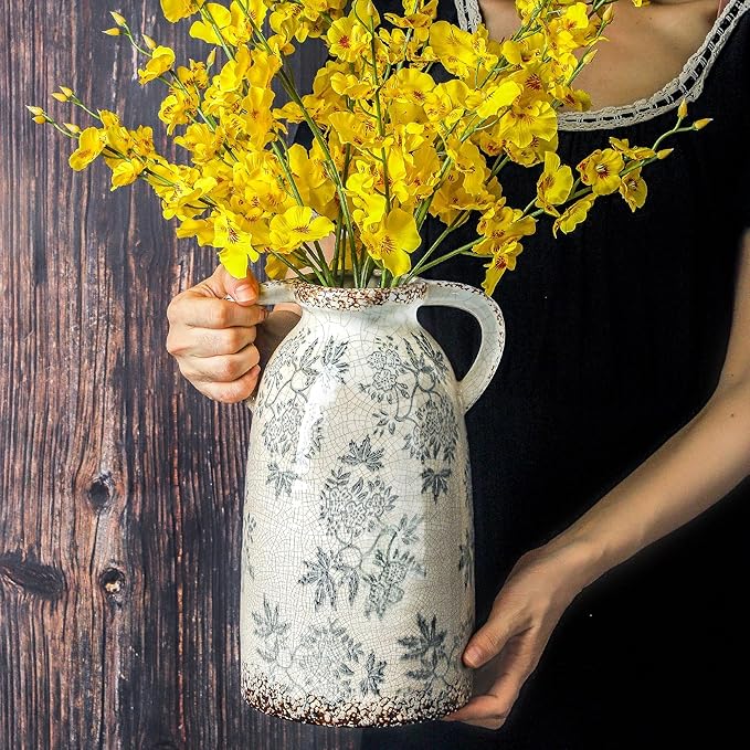 Enra Tall Vintage Blue and White Ceramic Vase with Handle, 11.2 Inch Chinoiserie Decorative Floral Vase, Large Rustic Ceramic Vase for Living Room, Office, Bookshelf, Home Decor-VerdiqueGarden