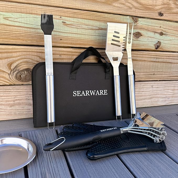 Barbecue Grill Tool Set - Stainless Steel - Strong Durable Design - Heat Resistant Glove & Bristle Free Grill Brush - Thermometer, Meat Injector, & Corn Skewers - Perfect For Smokers & Grills-VerdiqueGarden