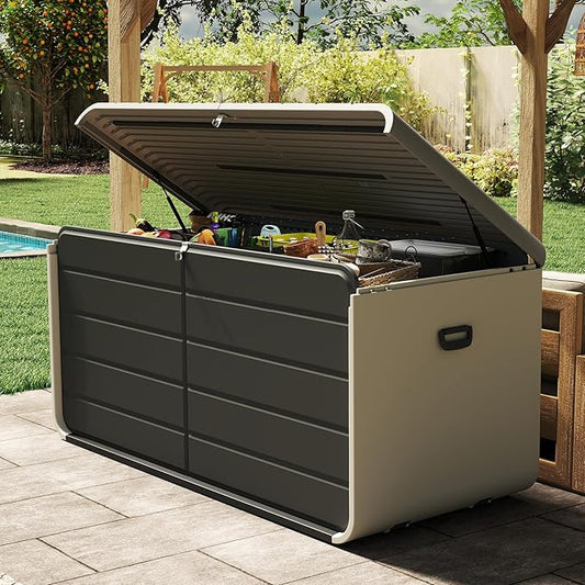 Domi 200 Gallon Resin Deck Box, Waterproof & UV-Resistant Outdoor Large Storage Box Lockable Storage Bin for Patio Cushions Pool Supplies Garden Tools and Delivery Storage-VerdiqueGarden