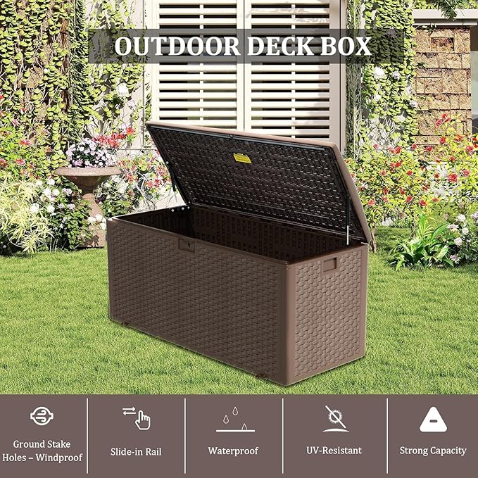 180 Pro Gallon Deck Box,Outdoor Storage Box Lockable,Waterproof for Patio Furniture, Garden Tools, Pool Accessories, Package Delivery Boxes For Outside, Brown-VerdiqueGarden