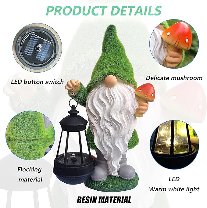 Solar Gnomes Garden Statues,Resin Gnome Figurine Holding Mushroom and Solar Lights Lantern,Outdoor Yard Art Decorations for Garden Patio Lawn-VerdiqueGarden