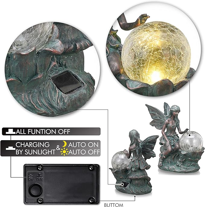 TERESA'S COLLECTIONS Fairy Garden Statues with Solar Outdoor Light for Outdoor Decor, Fairy Valentines Decorations Garden Decor Resin Sculptures with Crackle Glass Globe,Gifts for Mom Yard Decor,11.8"-VerdiqueGarden