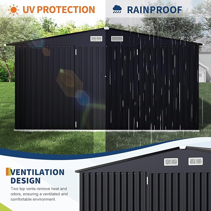 8x10 FT Metal Storage Sheds Outdoor with Floor, Metal Yard Sheds Garden Shed Kit, MetalTool Shed with Lockable Door, Metals UtilitySheds Buildings with Air Vent for Backyard Garden Patio Lawn-VerdiqueGarden