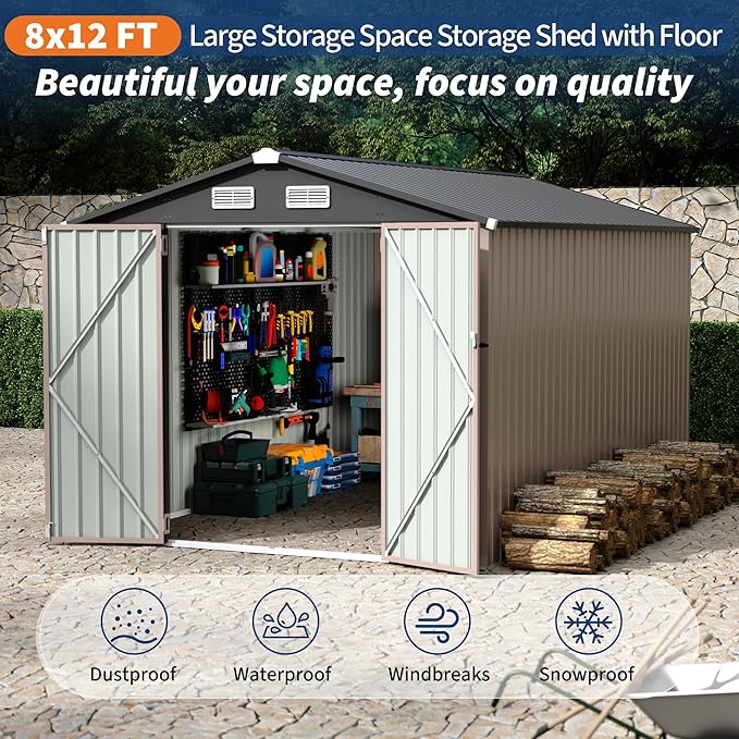 8x12 FT Metal Storage Sheds Outdoor, Metal Yard Sheds Garden Shed Kit, Metals Tool Shed with Lockable Door, Metals UtilityShed Buildings with Air Vent for Backyard Garden Patio Lawn-VerdiqueGarden