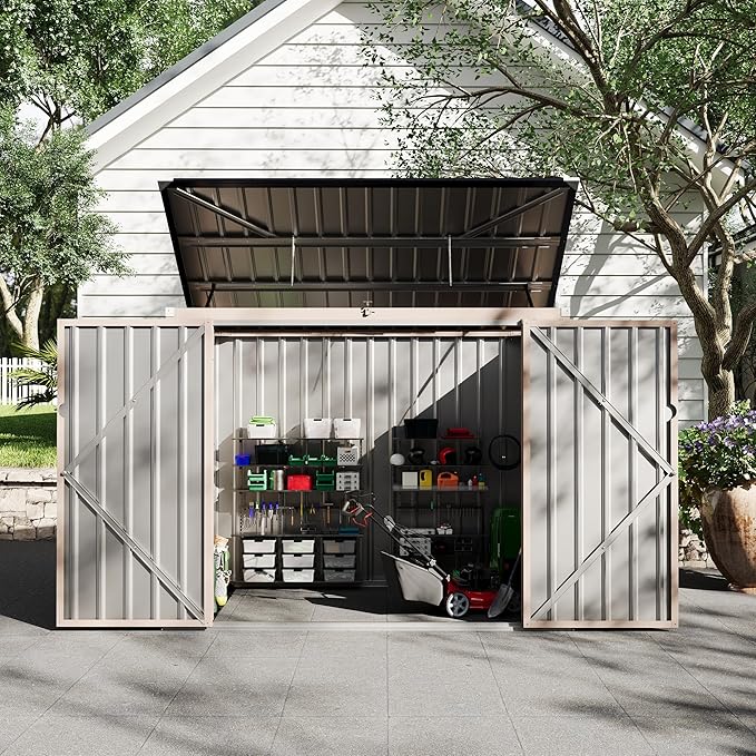 2 Trash Cans Metal Outdoor Storage, 3x6 FT Garbage Bin Storage Shed with Chain Lid, Garbage Can Metal Sheds for Garden, Backyard, Lawn and Patio-VerdiqueGarden