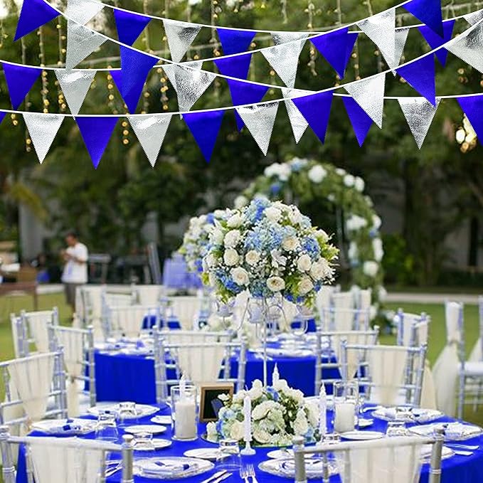Royal Blue Silver Party Decorations Navy Blue Triangle Pennant Banner Flag Metallic Fabric Bunting Garland for Birthday Graduation Wedding Retirement Nautical Ahoy Achor Pirate Theme Party Supplies-VerdiqueGarden