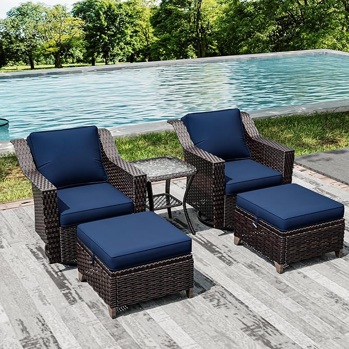 Joyside Wicker Patio Furniture Sets, 5 Pieces Upgraded Large Size Outdoor Furniture with Swivel Rocking Patio Chairs, Outdoor Ottoman and Side Table, Thick Cushions, Wide Armrest-VerdiqueGarden