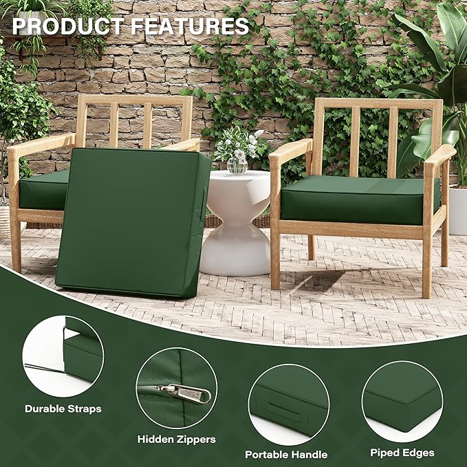 Patio Chair Cushions 24 X 24 X 5 Inch Waterproof Outdoor Seat Cushions for Patio Furniture, Outdoor Sofa Couch Pads with Ties & Handle, Set of 2, Green-VerdiqueGarden