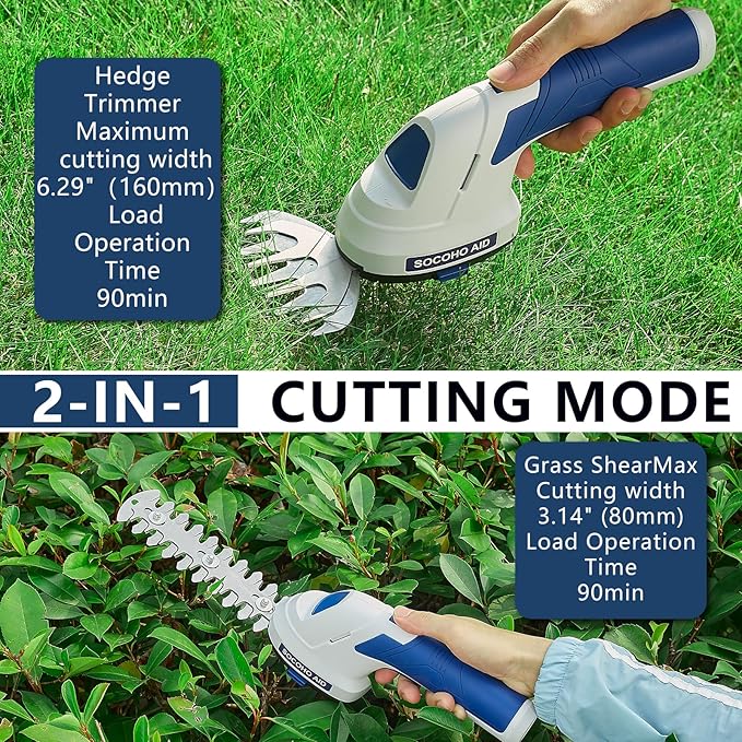 Cordless Hedge Trimmer Grass Shear - 2 in 1 Handheld 7.2V Electric Shrubbery Trimmer Grass Cutter Rechargeable Battery and Type-C-VerdiqueGarden